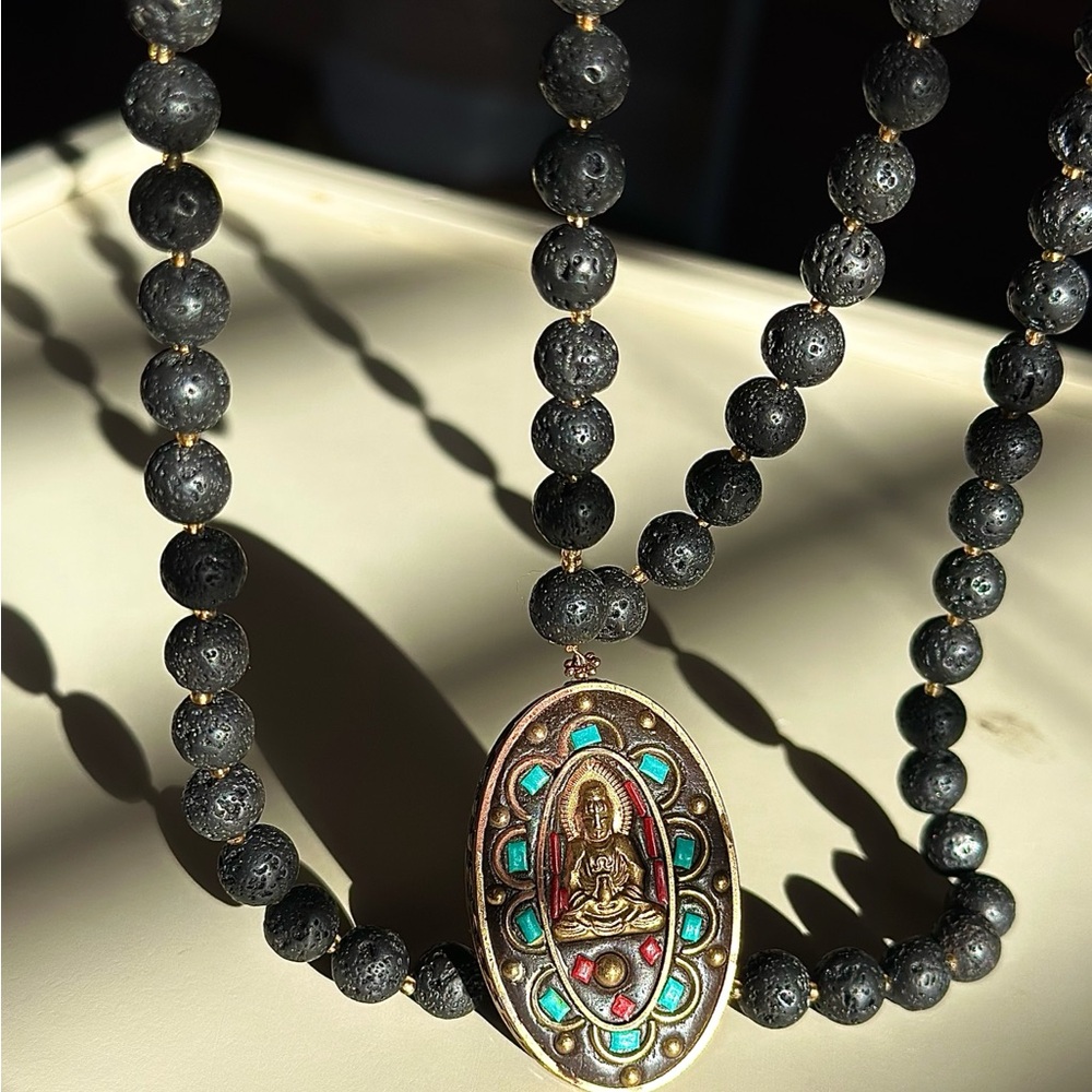 Lava Stone Black Beaded Necklace with Gold and Turquoise Buddha Pendant 18 inch